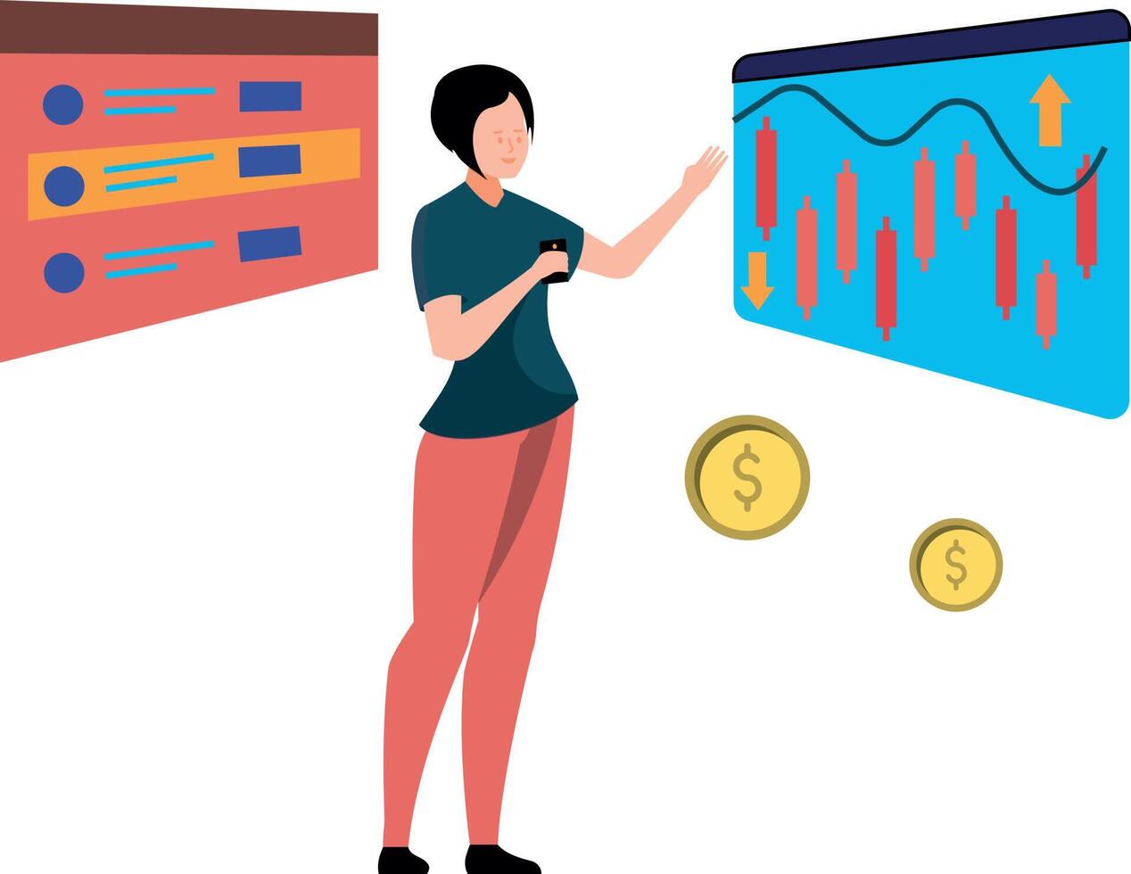 meisje op zoek Bij dollar analyses. vector