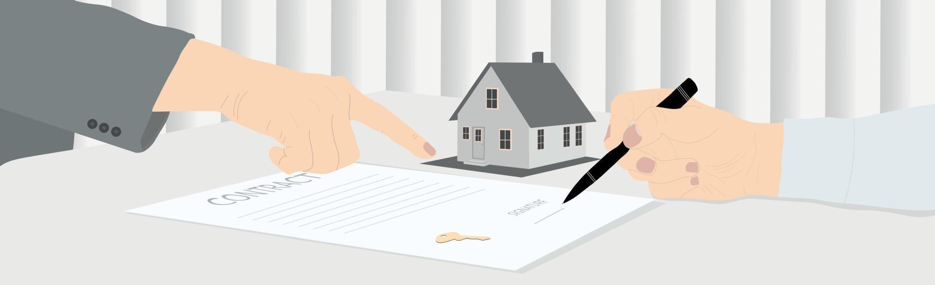het ondertekenen van een koopovereenkomst voor het huis, het ontvangen van sleutels - vector