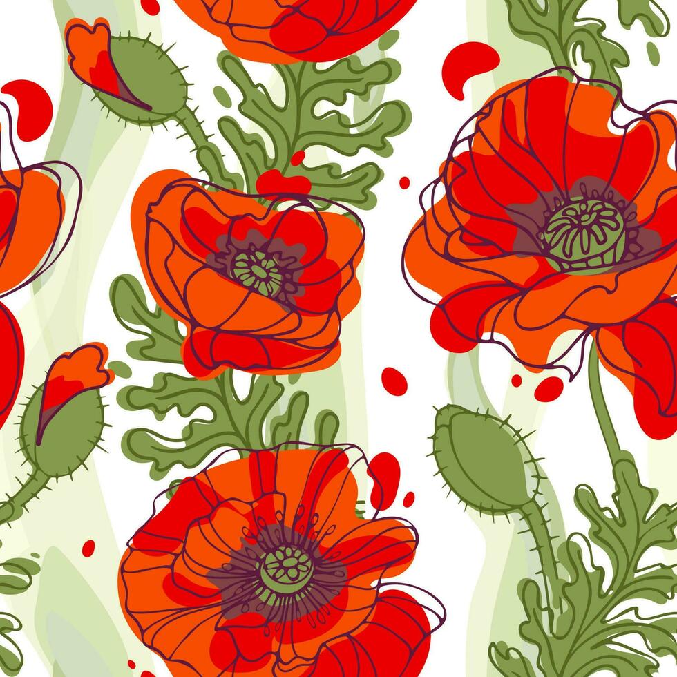 opdat wij vergeten. rood papaver bloem - Internationale symbool van vrede. naadloos patroon. herinnering dag. botanisch vector illustratie, hand- getrokken stijl. voor behang, kleding stof, achtergrond.