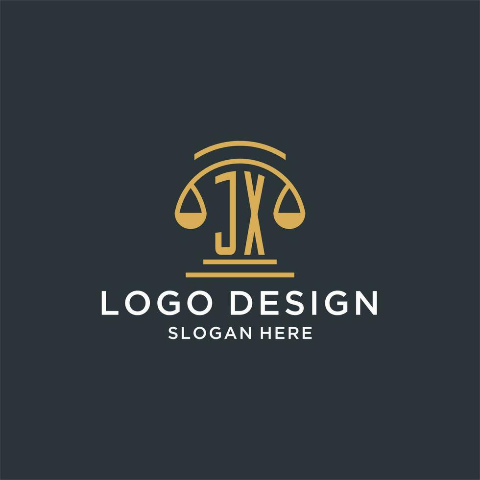 jx eerste met schaal van gerechtigheid logo ontwerp sjabloon, luxe wet en advocaat logo ontwerp ideeën vector