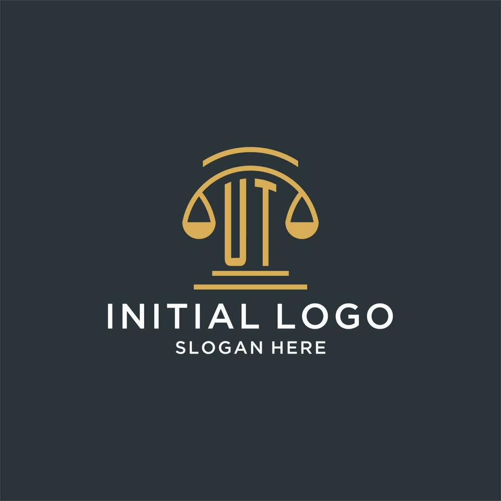 ut eerste met schaal van gerechtigheid logo ontwerp sjabloon, luxe wet en advocaat logo ontwerp ideeën vector