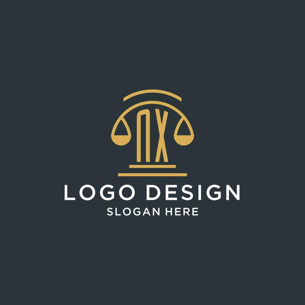 nx eerste met schaal van gerechtigheid logo ontwerp sjabloon, luxe wet en advocaat logo ontwerp ideeën vector