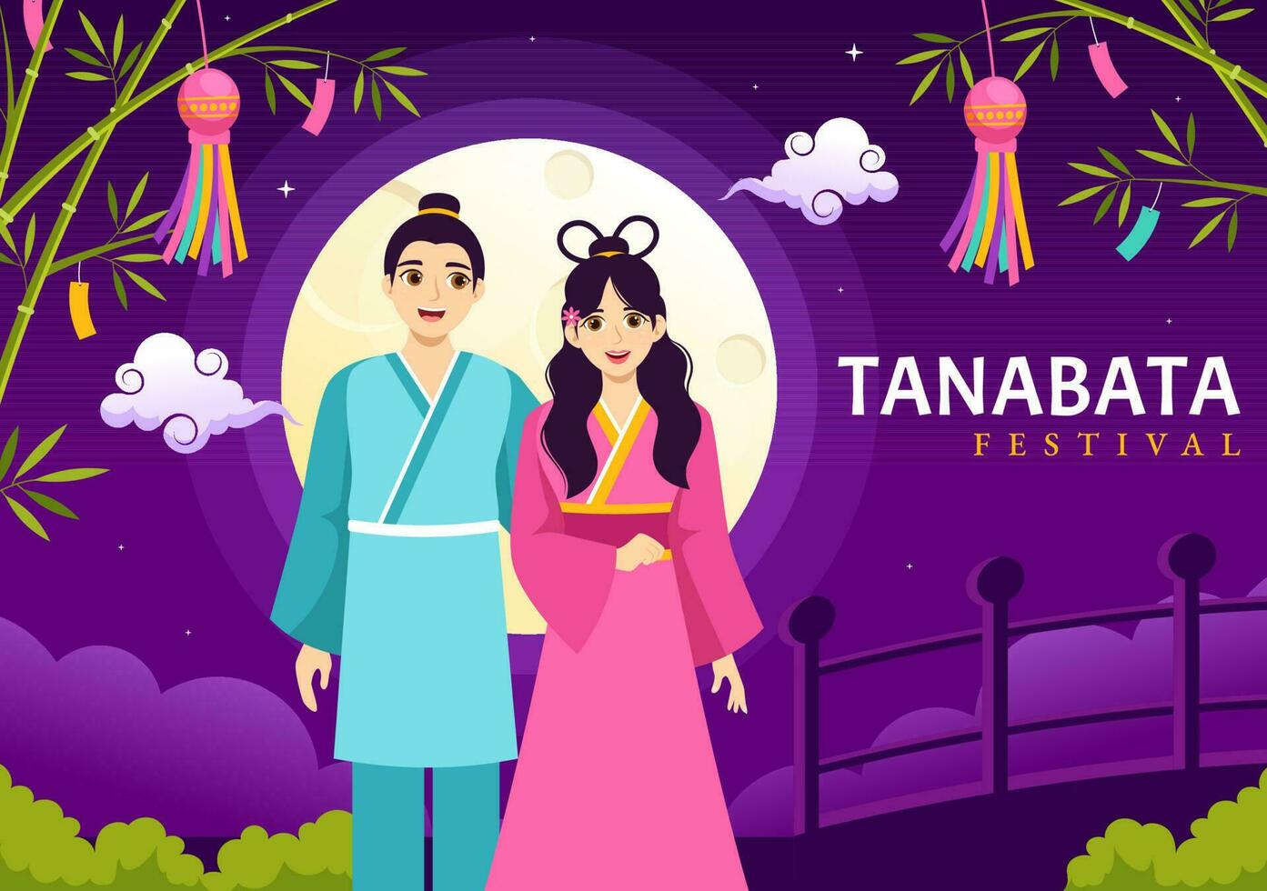 tanabata festival vector illustratie met mensen vervelend kimono en pioenen bloemen in nationaal vakantie vlak tekenfilm hand- getrokken Sjablonen