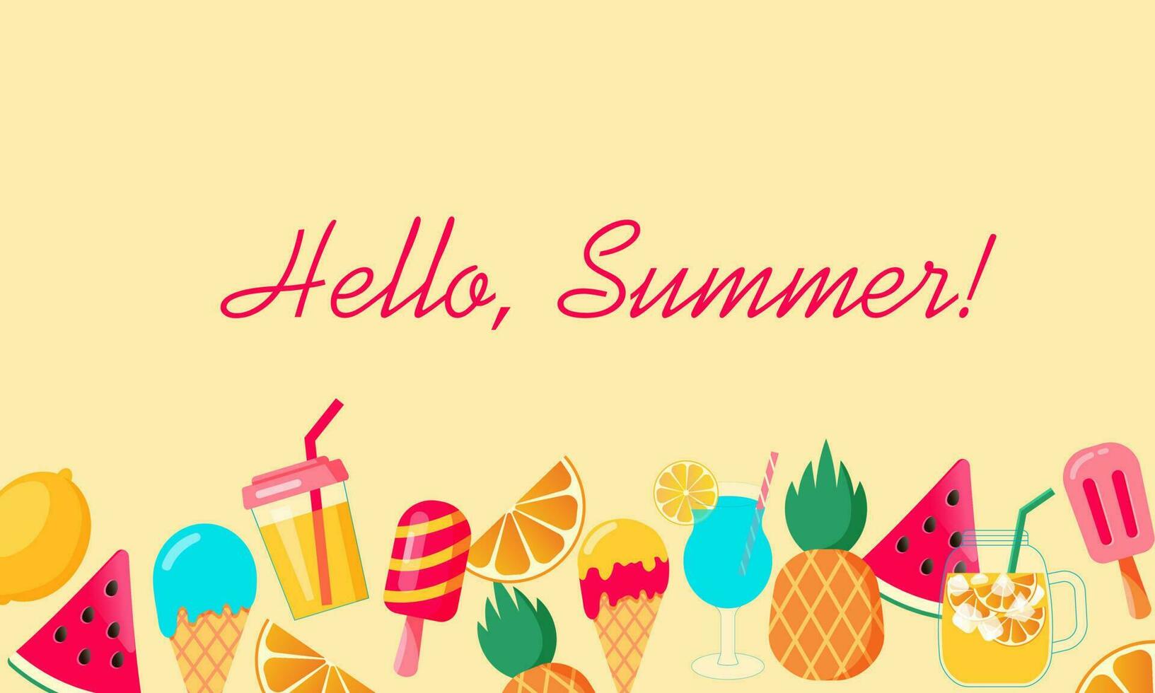 Hallo zomer banier met watermeloen, sinaasappelen, drankjes, cocktails, citroen en kers. vector