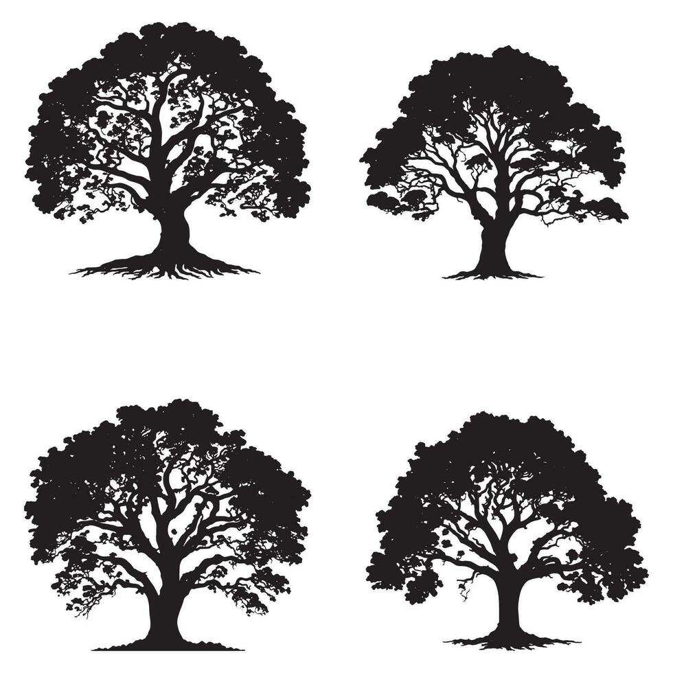 reeks van banyan bomen silhouetten. groot boom zwart silhouet vector