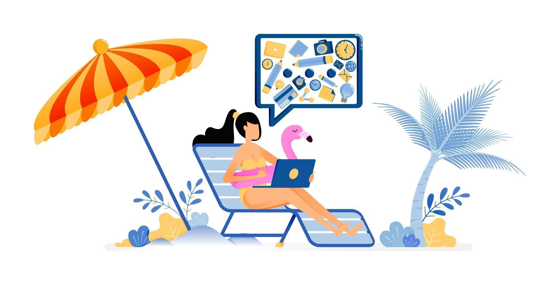 lont Ramen wassen Categorie gelukkige vakantie illustratie van vrouw zonnebaden op het strand met  paraplu, nog steeds haar werk doet freelancer vakantie vector ontwerp kan  worden gebruikt voor poster banner advertentie website web mobiel 2377862  Vectorkunst