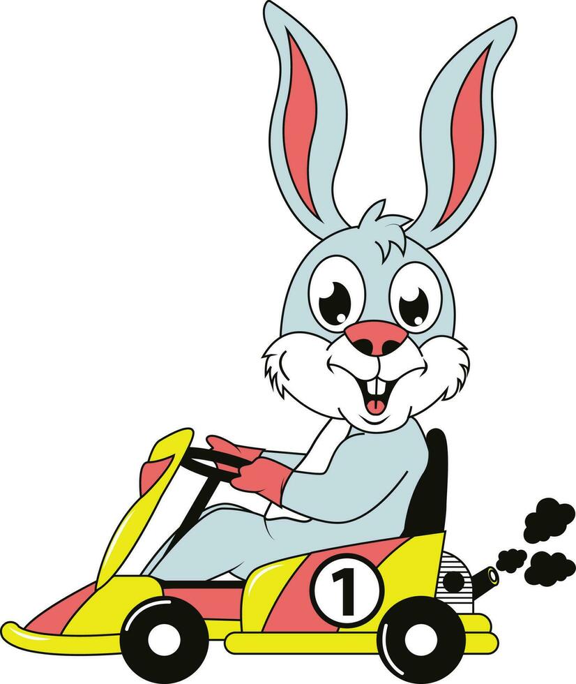 konijn het rijden een speelgoed- auto Aan een wit achtergrond. vector illustratie.