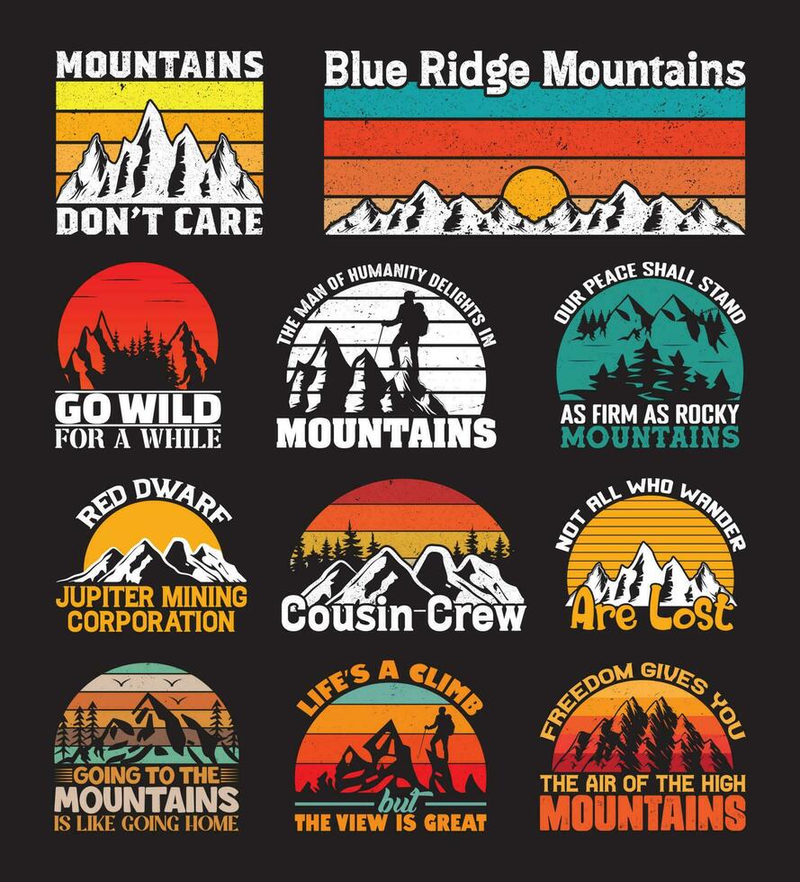 berg t overhemd ontwerp bundel, citaten over reizend, avontuur t shirt, hiking, camping wijnoogst t overhemd ontwerp verzameling vector