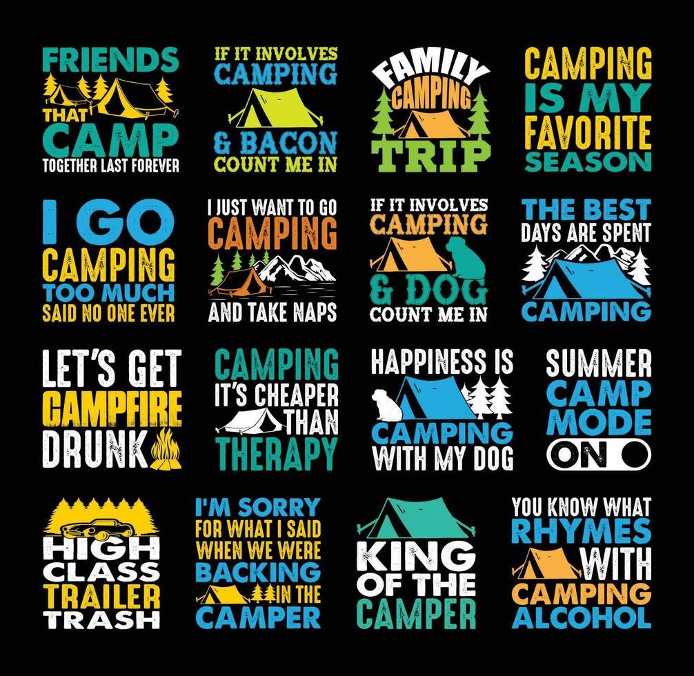 camping t overhemd ontwerp bundel, citaten over camping, avontuur, buitenshuis, camping t shirt, hiking, camping typografie t overhemd ontwerp verzameling vector
