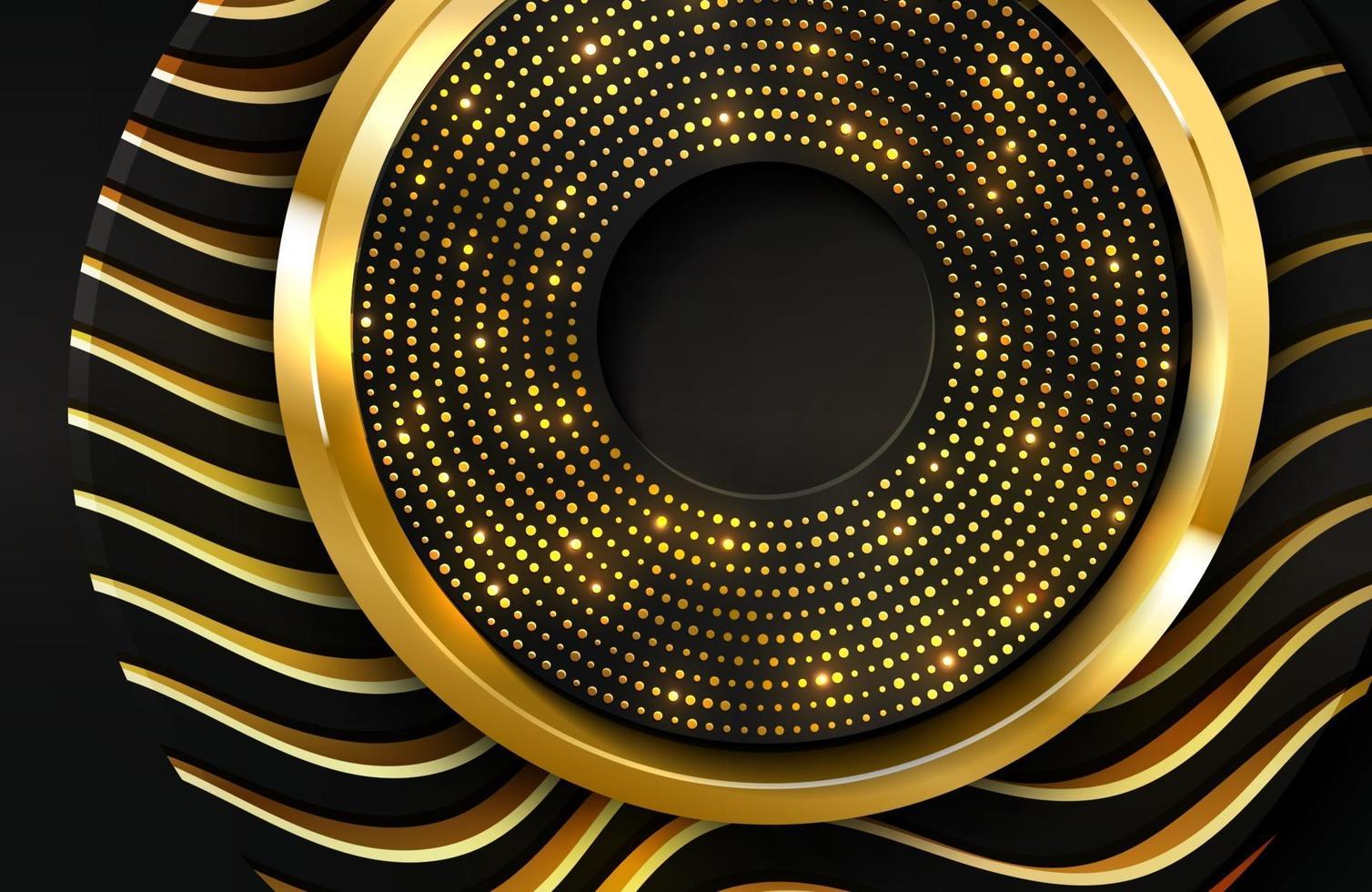 luxe 3d-realistische achtergrond met gouden cirkelvorm vectorillustratie van zwarte cirkelvormen getextureerd met gouden golvende lijnen vector