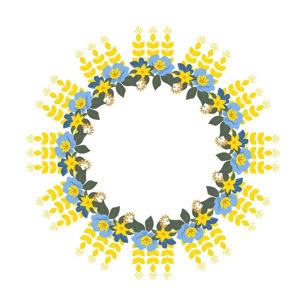 krans kader gemaakt van piek en bloemen in geel en blauw. vector illustratie van een isolatie. oekraïens nationaal kleuren