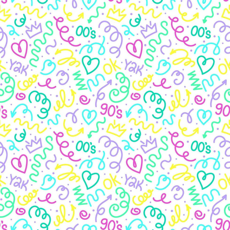 modieus kronkels naadloos patroon. pret kleurrijk lijn tekening met vormen kroon, hart, getallen van jaren 90, 00s, y2k met gekruld confetti. gemakkelijk kinderachtig afdrukken. voor textiel, achtergrond, verpakking vector