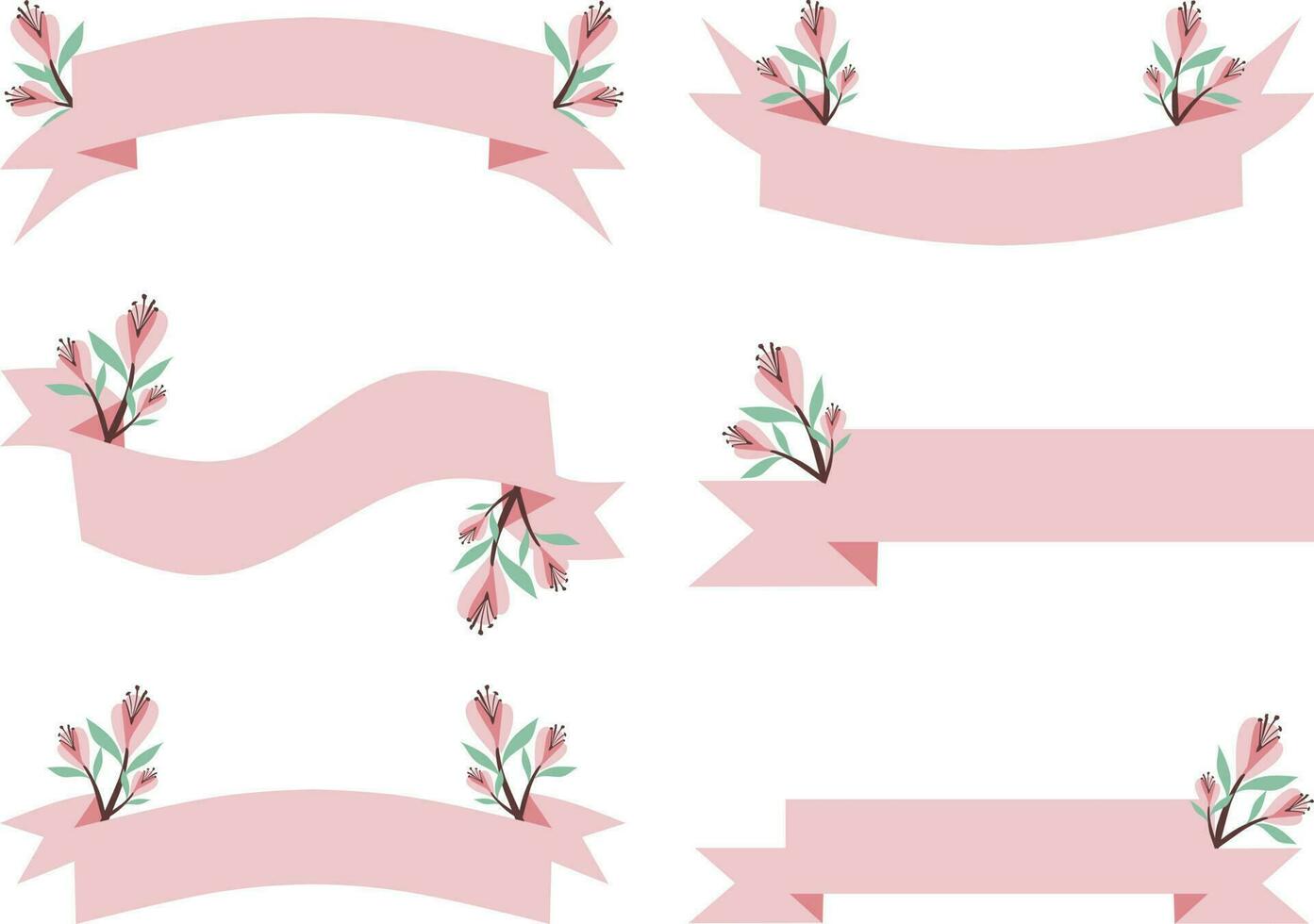 reeks van roze linten met bloemen en doorbladert vector illustratie ontwerp