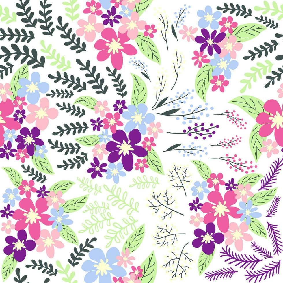 fantasie naadloos bloemen patroon met blauw, roze, Purper, rood, oranje bloemen en bladeren. elegant sjabloon voor mode vector