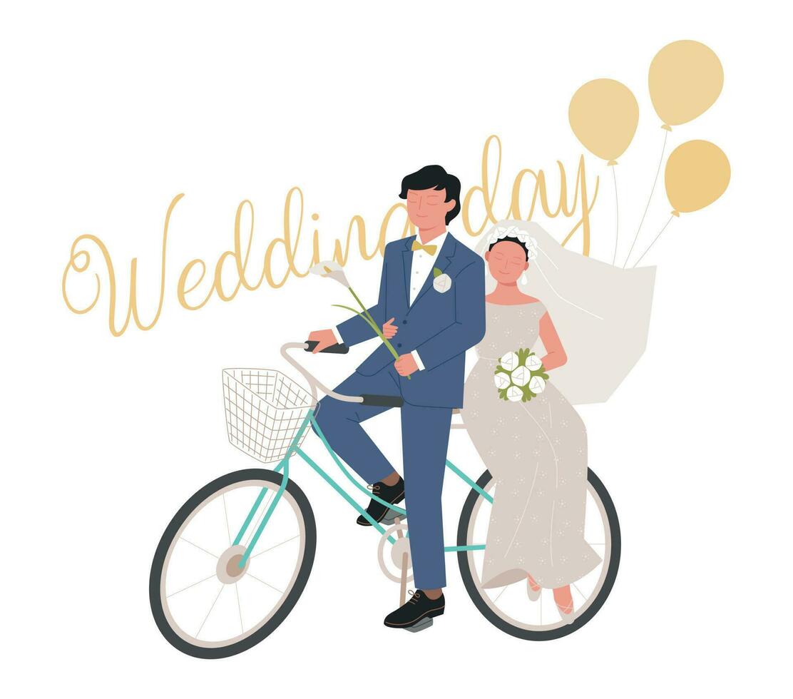 bruiloft uitnodiging. bruid en bruidegom vervelend bruiloft jurken rijden fietsen. vector