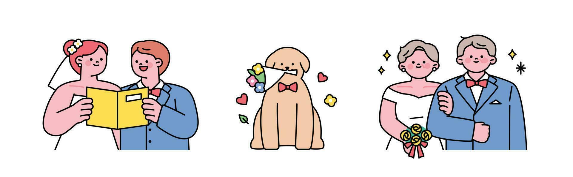 bruiloft. huwelijk geloften, hond met bloemen, herinneren bruiloft. vector