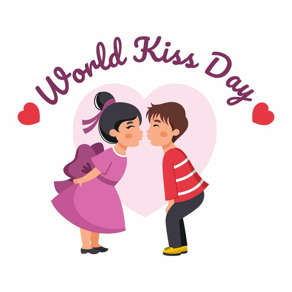 wereld kus dag. een jongen kusjes een meisje. schattig illustratie met kinderen. een paar in liefde. een Valentijnsdag dag kaart. vector