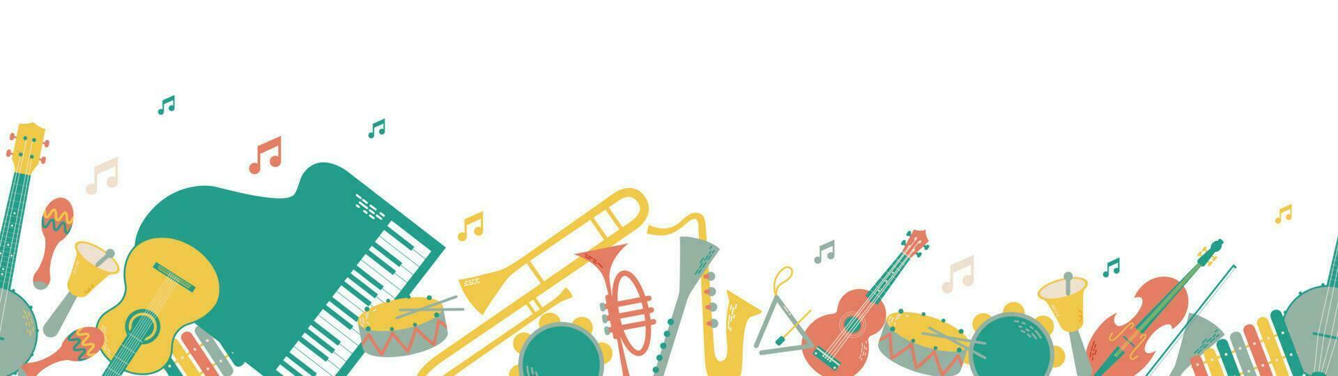 vector lang achtergrond of banier met musical instrumenten. orkest omvat trommel, maracas, driehoek, klok, xylofoon, tamboerijn, piano, trompet, saxofoon, klarinet, trombone, gitaar, banjo, ukulele