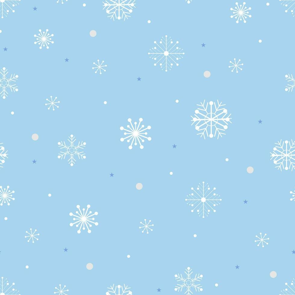 naadloos patroon met schattig sneeuwvlokken in verschillend grootte met wit punt en sterren Aan blauw lucht achtergrond, vector naadloos voor kerstmis, winter nieuw jaar 2024 vakantie, inpakken papier, stof, textiel