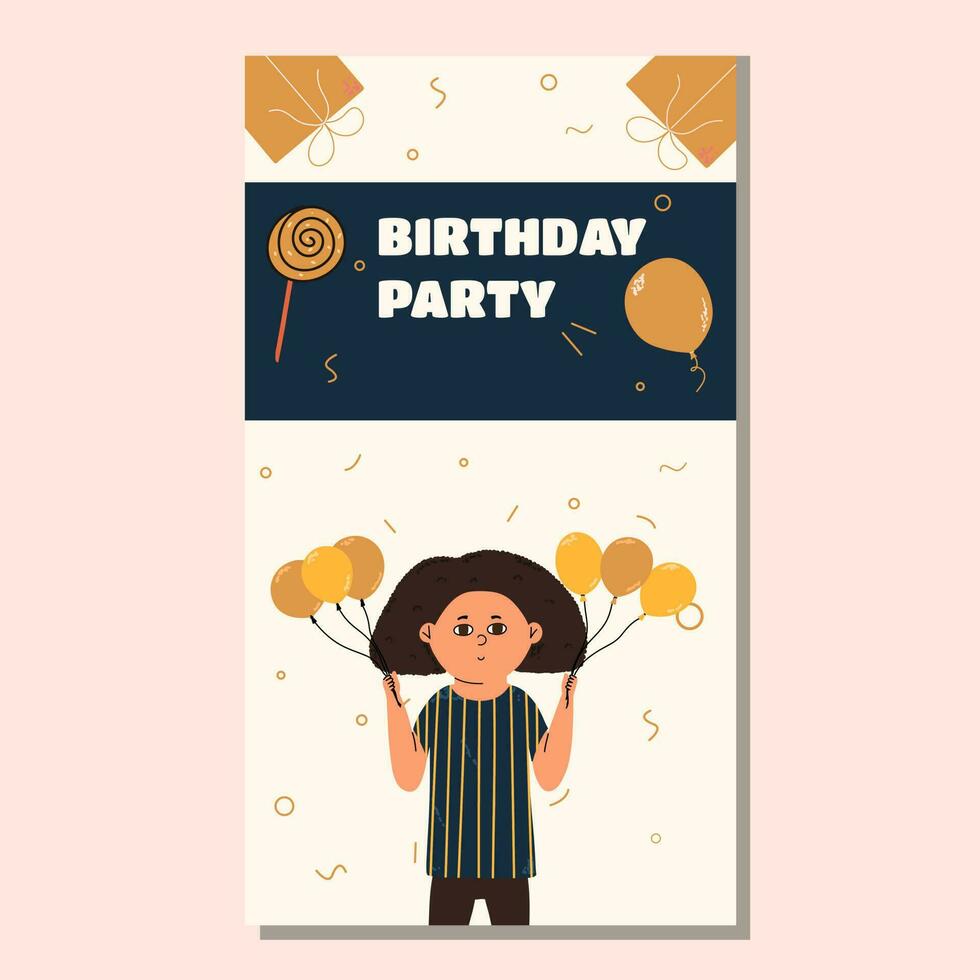 feestelijk ontwerp voor kinderen verjaardag met een kind, ballonnen, een geschenk. sjabloon voor folder, ansichtkaart, uitnodiging. vector illustratie in hand- getrokken stijl