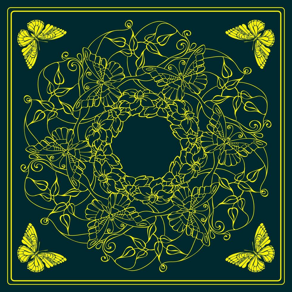 botanisch plein patroon met bladeren en vlinders. bandana. vector illustratie.