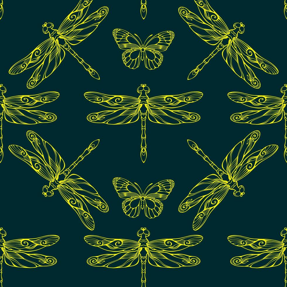 naadloos patroon met libellen en vlinders. silhouetten van insecten. vector. vector