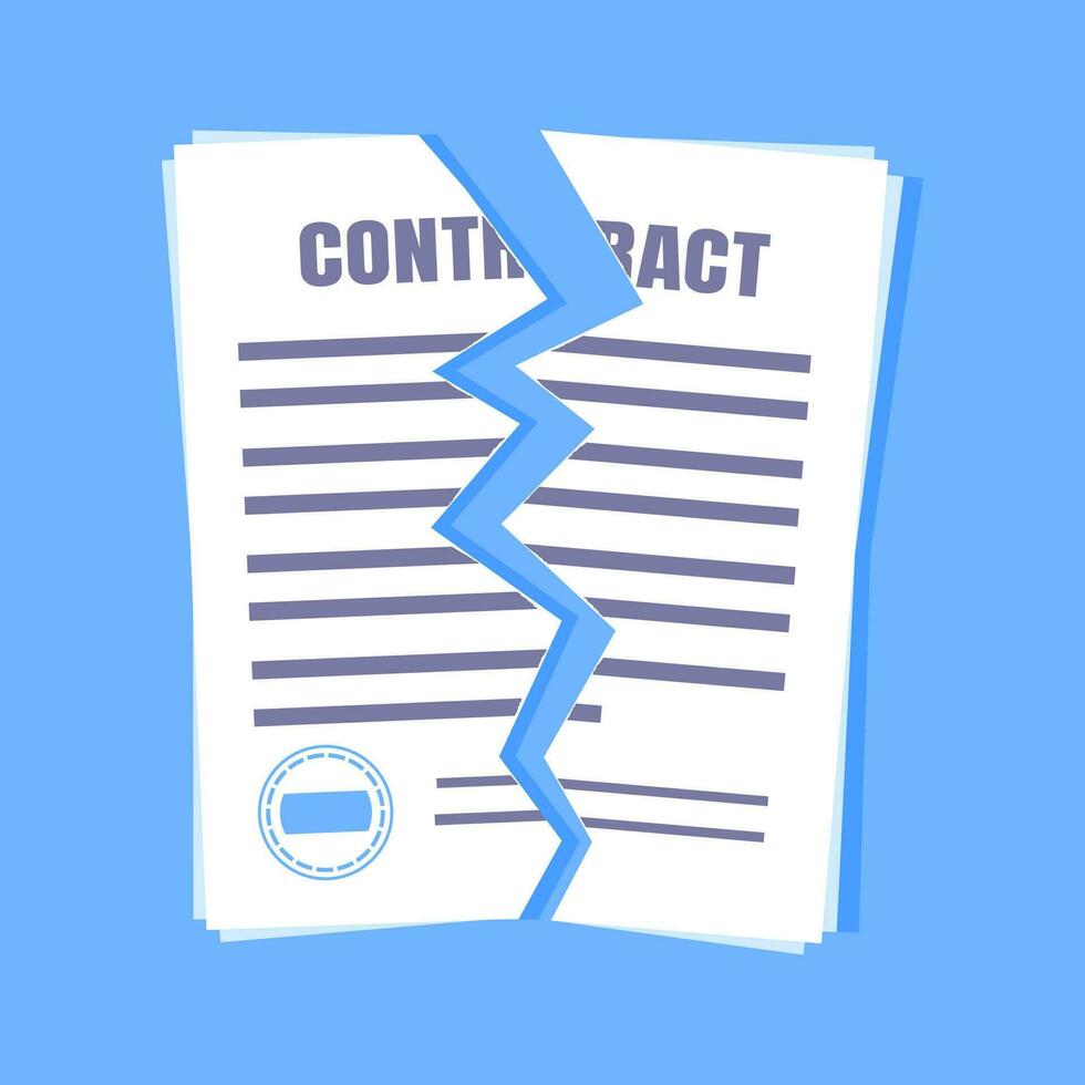 contract annulering bedrijf concept. beëindigd scheuren contract papier vel schending vlak stijl ontwerp vector illustratie geïsoleerd Aan wit achtergrond.