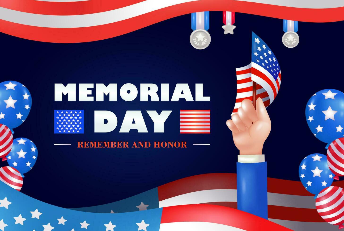 gedenkteken dag - onthouden en eer met Verenigde staten vlag 3d vector elementen, hand- Holding vlaggen, ballonnen en medailles