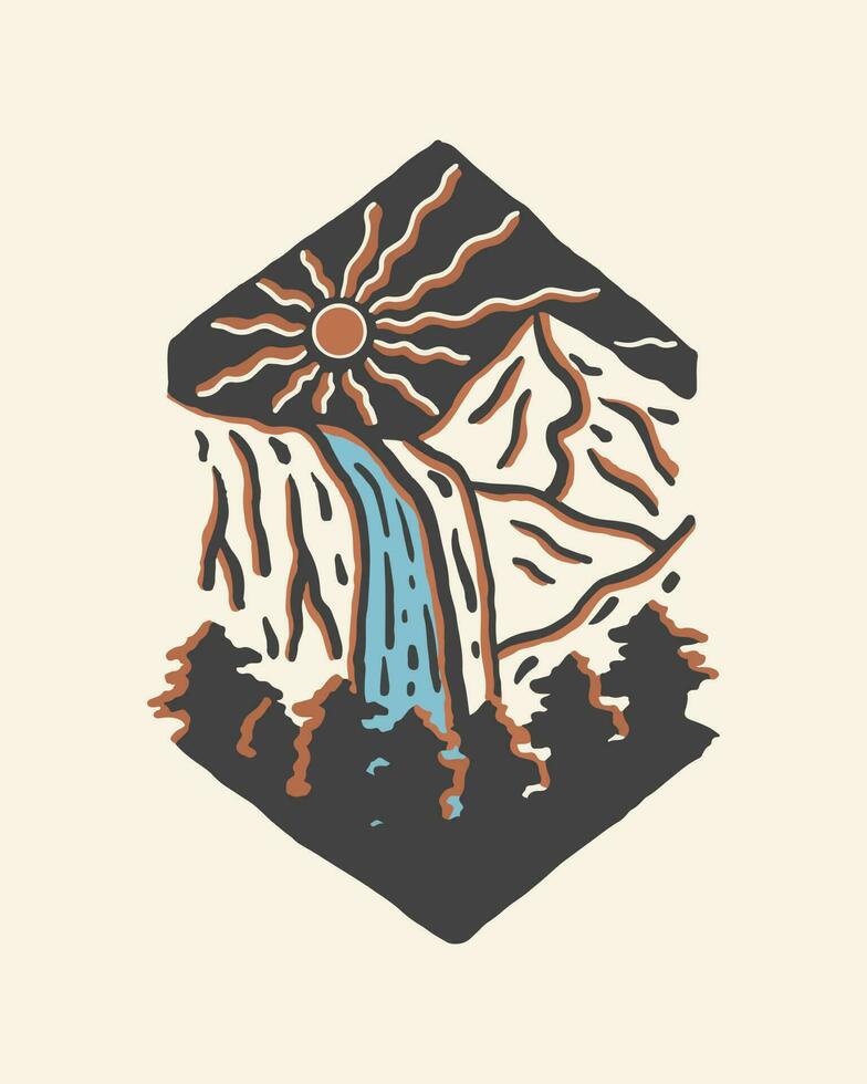 hand- tekening van de waterval en bergen ontwerp vector