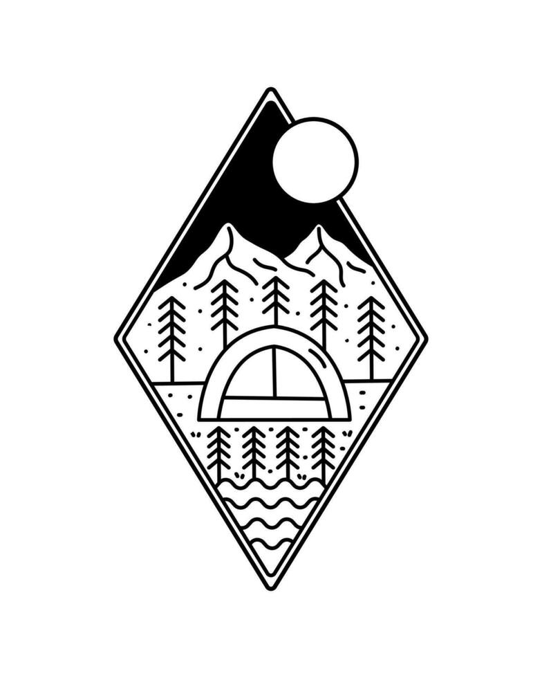 camping natuur buitenshuis onder de bergen in mono lijn vector ontwerp voor insigne t overhemd sticker en andere