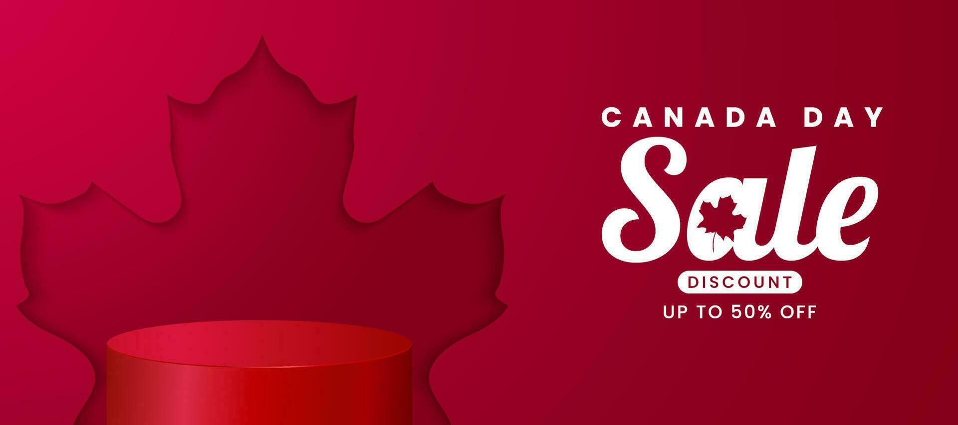 1e juli 2020 gelukkig Canada dag banier uitverkoop voor onafhankelijkheid dag achtergrond met rood esdoorn- en podium. vector illustratie groet kaart. Canada vakantie concept ontwerp. rood wit thema met esdoorn- blad.