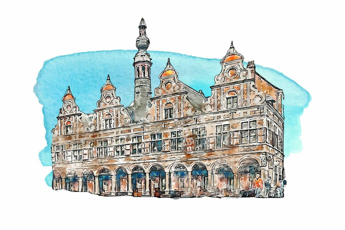 architectuur aalst belgie waterverf hand- getrokken illustratie geïsoleerd Aan wit achtergrond vector