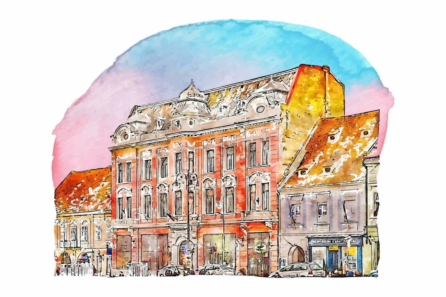 architectuur Brasov Roemenië waterverf hand- getrokken illustratie geïsoleerd Aan wit achtergrond vector