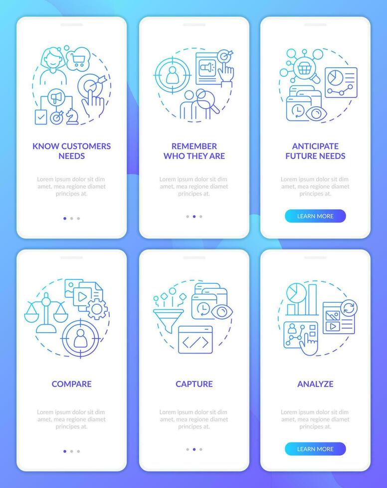 Onderzoek doelwit publiek blauw helling onboarding mobiel app scherm set. walkthrough 3 stappen grafisch instructies met lineair concepten. ui, ux, gui sjabloon vector