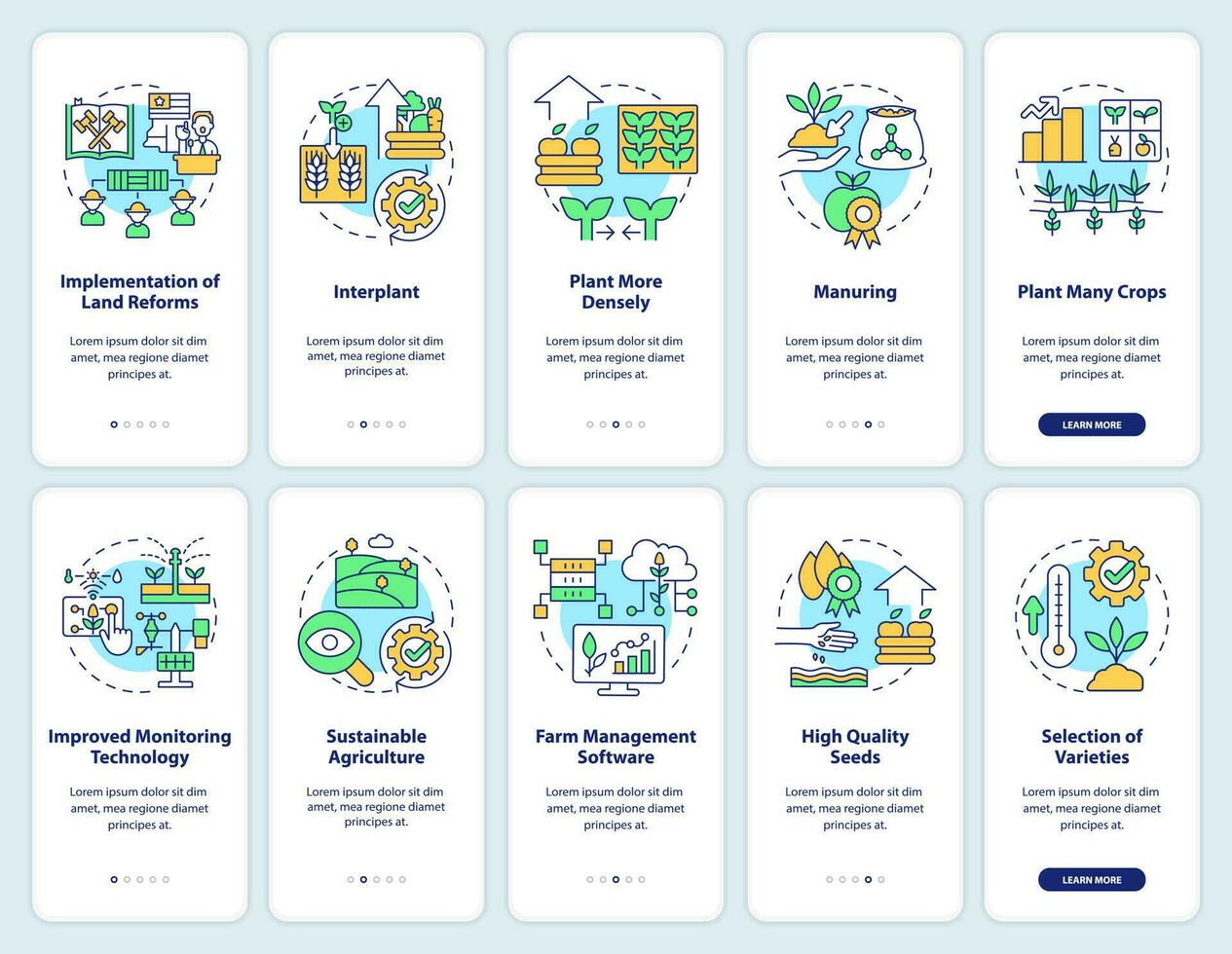 landbouw produktiviteit onboarding mobiel app scherm set. walkthrough 5 stappen bewerkbare grafisch instructies met lineair concepten. ui, ux, gui sjabloon vector