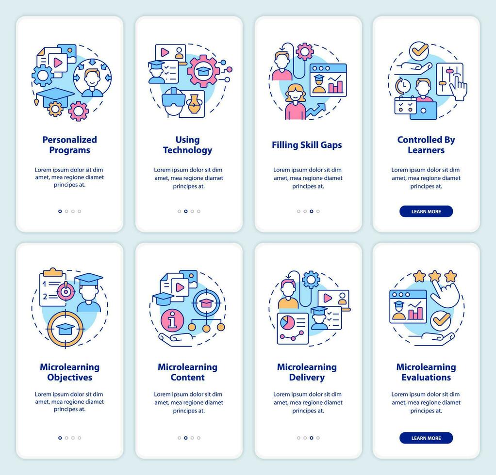 microleren nadering onboarding mobiel app scherm set. e aan het leren walkthrough 4 stappen bewerkbare grafisch instructies met lineair concepten. ui, ux, gui sjabloon vector