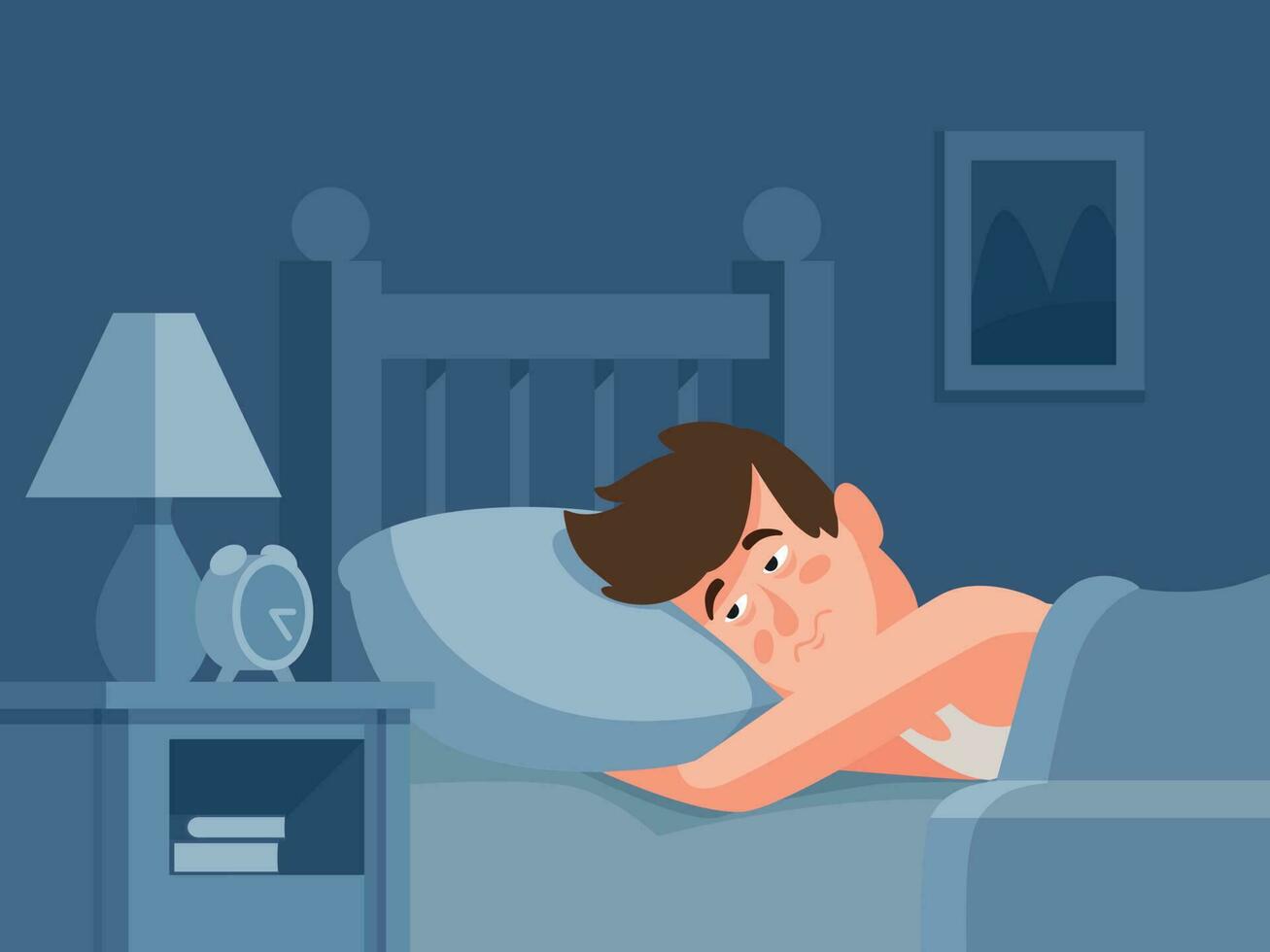 Mens met slapeloosheid aan het liegen in bed Bij donker nacht achtergrond. slapeloos persoon wakker met moe gezicht tekenfilm vector illustratie