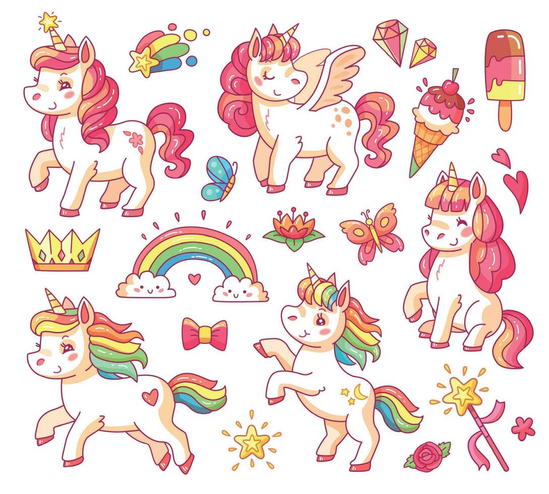 schattig vliegend baby regenboog eenhoorn met goud sterren en zoet ijs crèmes. magie weinig pony fantasie eenhoorns tekenfilm vector reeks