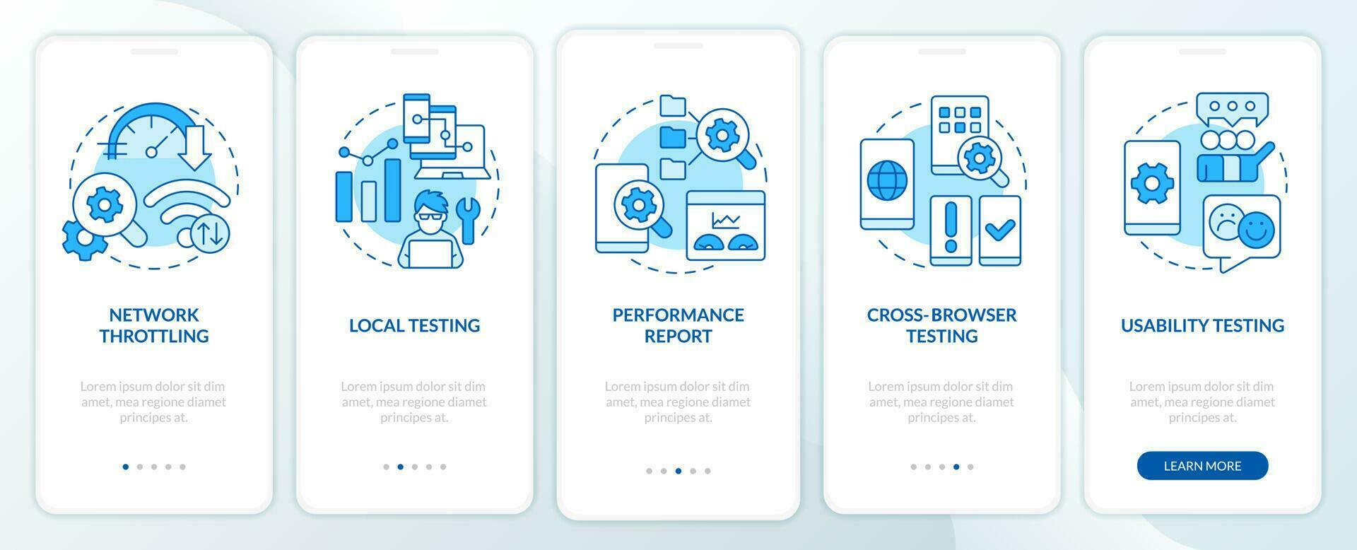 mobiel eerste ontwerp testen blauw onboarding mobiel app scherm. walkthrough 5 stappen bewerkbare grafisch instructies met lineair concepten. ui, ux, gui sjabloon vector