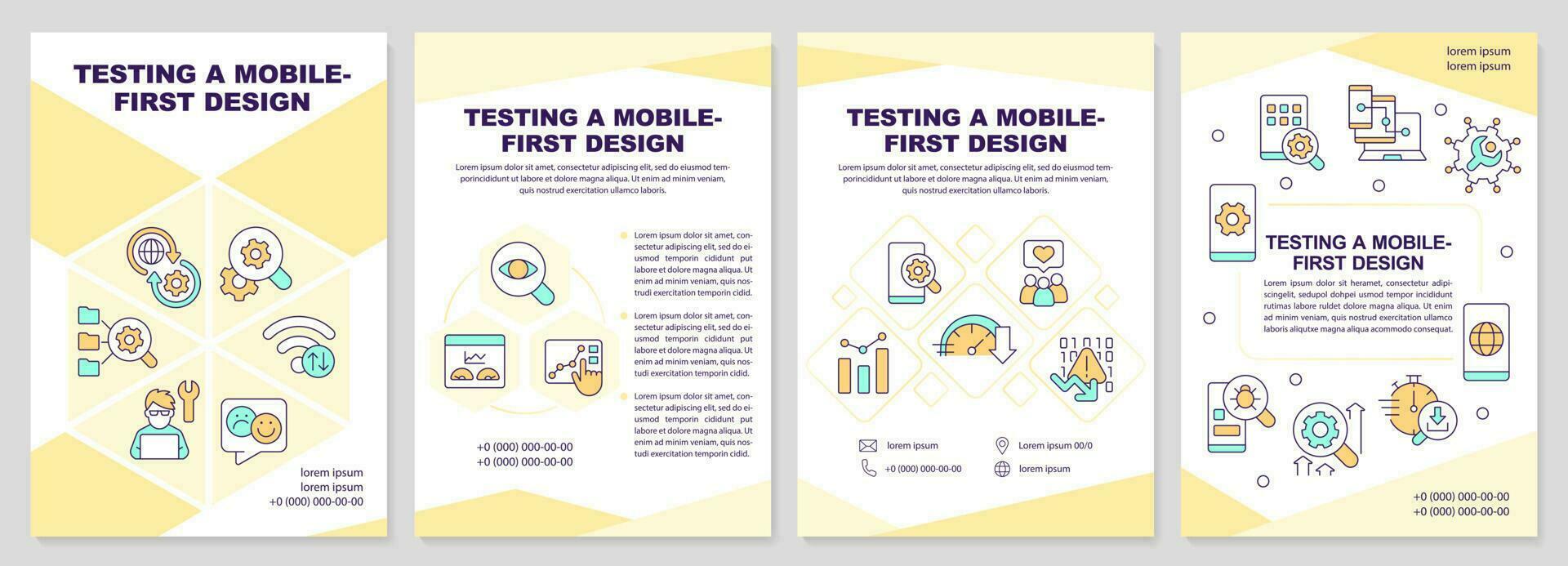 testen mobiel eerste ontwerp geel brochure sjabloon. brochure ontwerp met lineair pictogrammen. bewerkbare 4 vector indelingen voor presentatie, jaar- rapporten