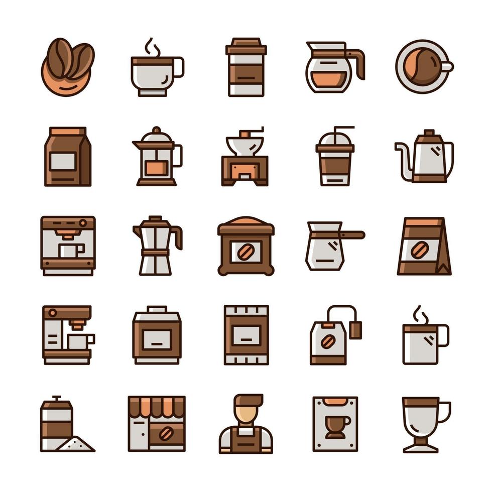 set van koffie iconen met omtrek kleurstijl. vector