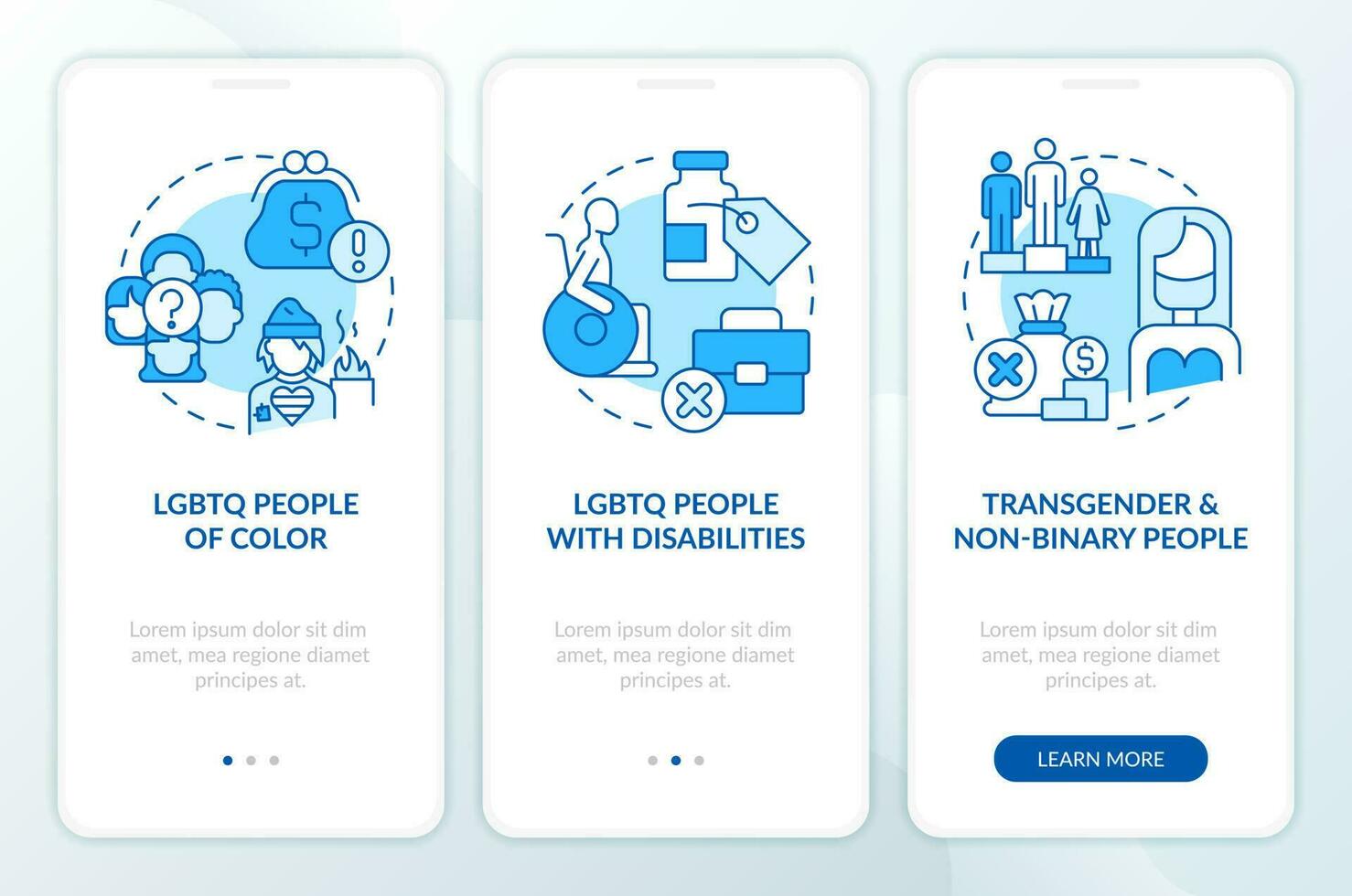 belemmeringen voor verschillend lgbtq groepen blauw onboarding mobiel app scherm. walkthrough 3 stappen bewerkbare grafisch instructies met lineair concepten. ui, ux, gui sjabloon vector