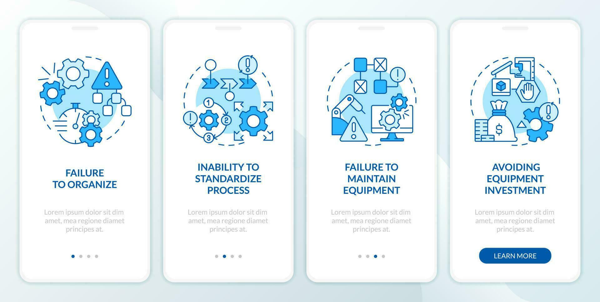 smed mislukking factoren blauw onboarding mobiel app scherm. walkthrough 4 stappen bewerkbare grafisch instructies met lineair concepten. ui, ux, gui sjabloon vector