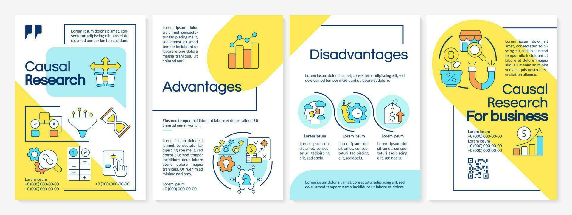 oorzakelijk Onderzoek blauw en geel brochure sjabloon. afzet campagne. brochure ontwerp met lineair pictogrammen. bewerkbare 4 vector indelingen voor presentatie, jaar- rapporten