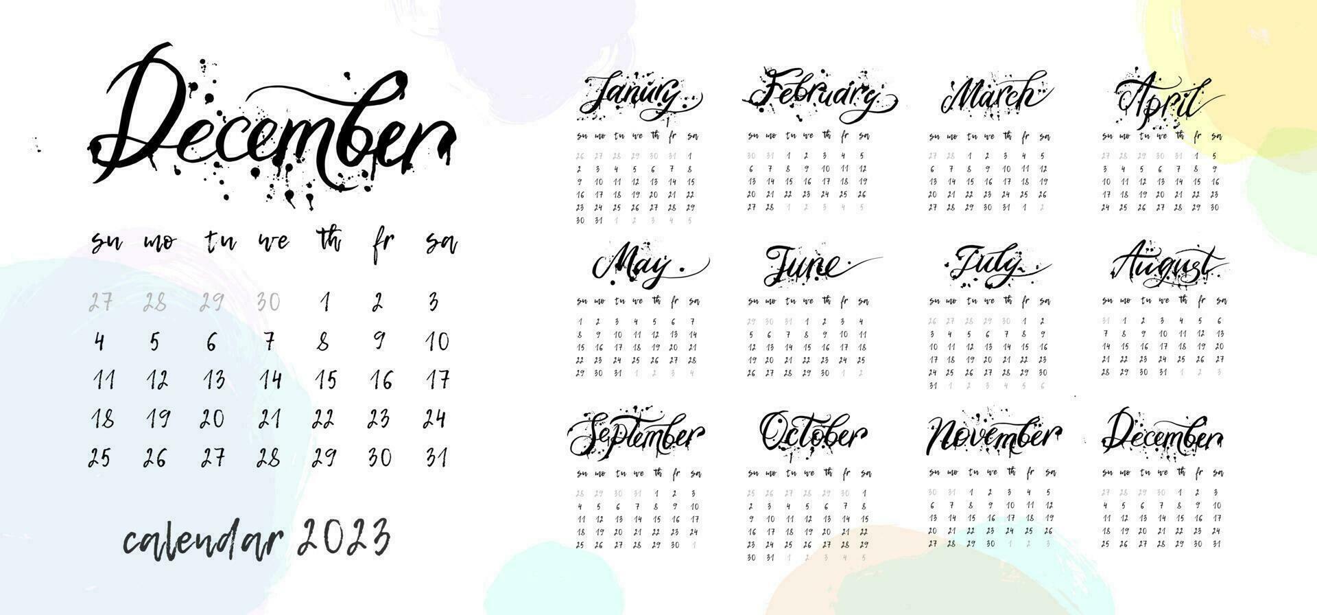 kalender 2023, handgeschreven namen van de maanden met inkt geklater druppels kalender 2023, begin van de week zondag, zakelijke ontwerp ontwerper sjabloon. vector