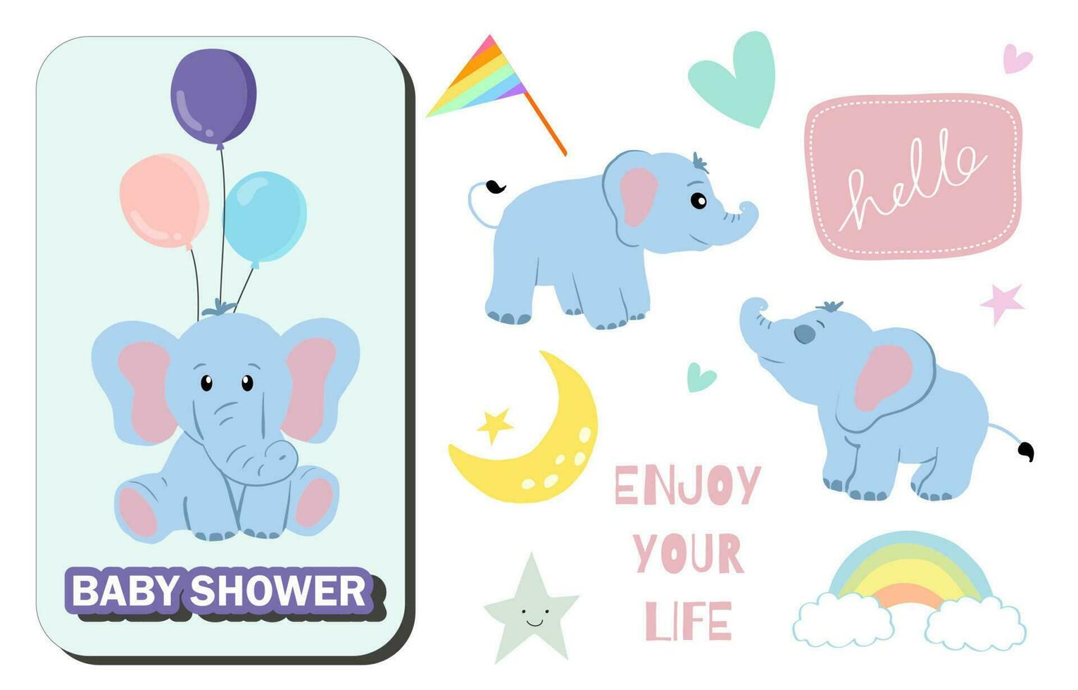 baby olifant voorwerp met ster, hart, maan, regenboog voor verjaardag ansichtkaart vector