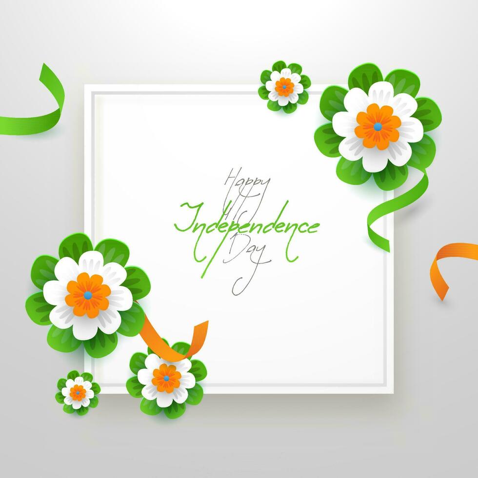 gelukkig onafhankelijkheid dag schoonschrift met Indisch driekleur papier besnoeiing bloemen en lint versierd Aan wit achtergrond. vector