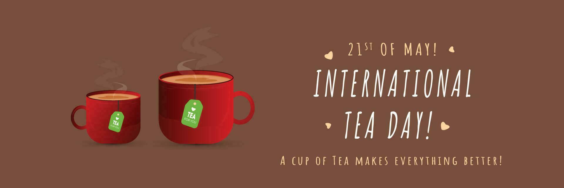Internationale thee dag. 21e mei gelukkig thee dag viering banier met twee cups van thee en theezakjes. restaurant bewustzijn post voor koffie liefhebbers. kop vol van heet thee. vector poster voor sociaal media