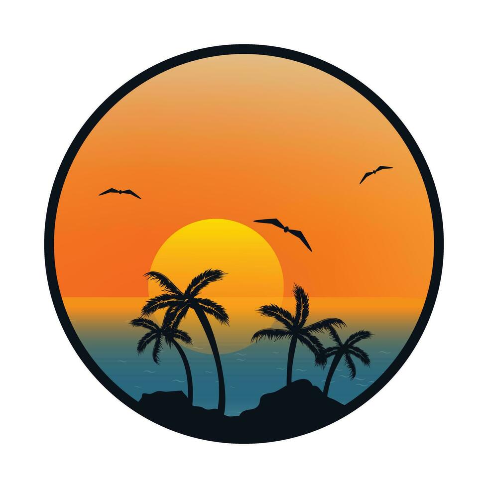 tropisch zon strand logo ontwerp, zonsondergang met eiland logo ontwerp, palm boom vector illustratie