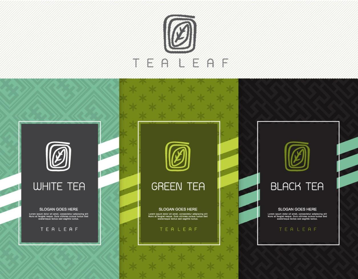 vector set sjablonen verpakking thee, logo, etiket, spandoek, poster, identiteit, huisstijl. stijlvol ontwerp voor zwarte thee - groene thee - witte thee - oolongthee